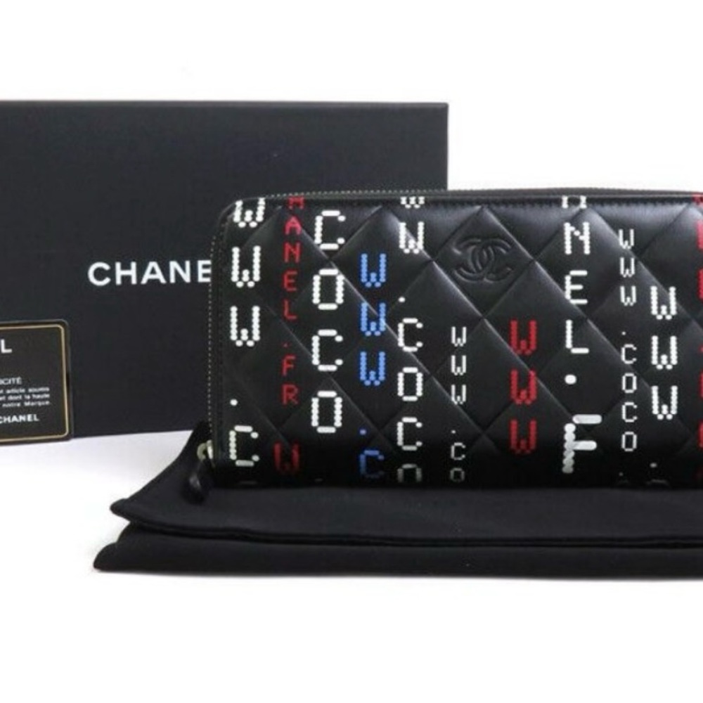 Authentic CHANEL Zip Around Long Wallet Black/ Multicolor Lambskin leather